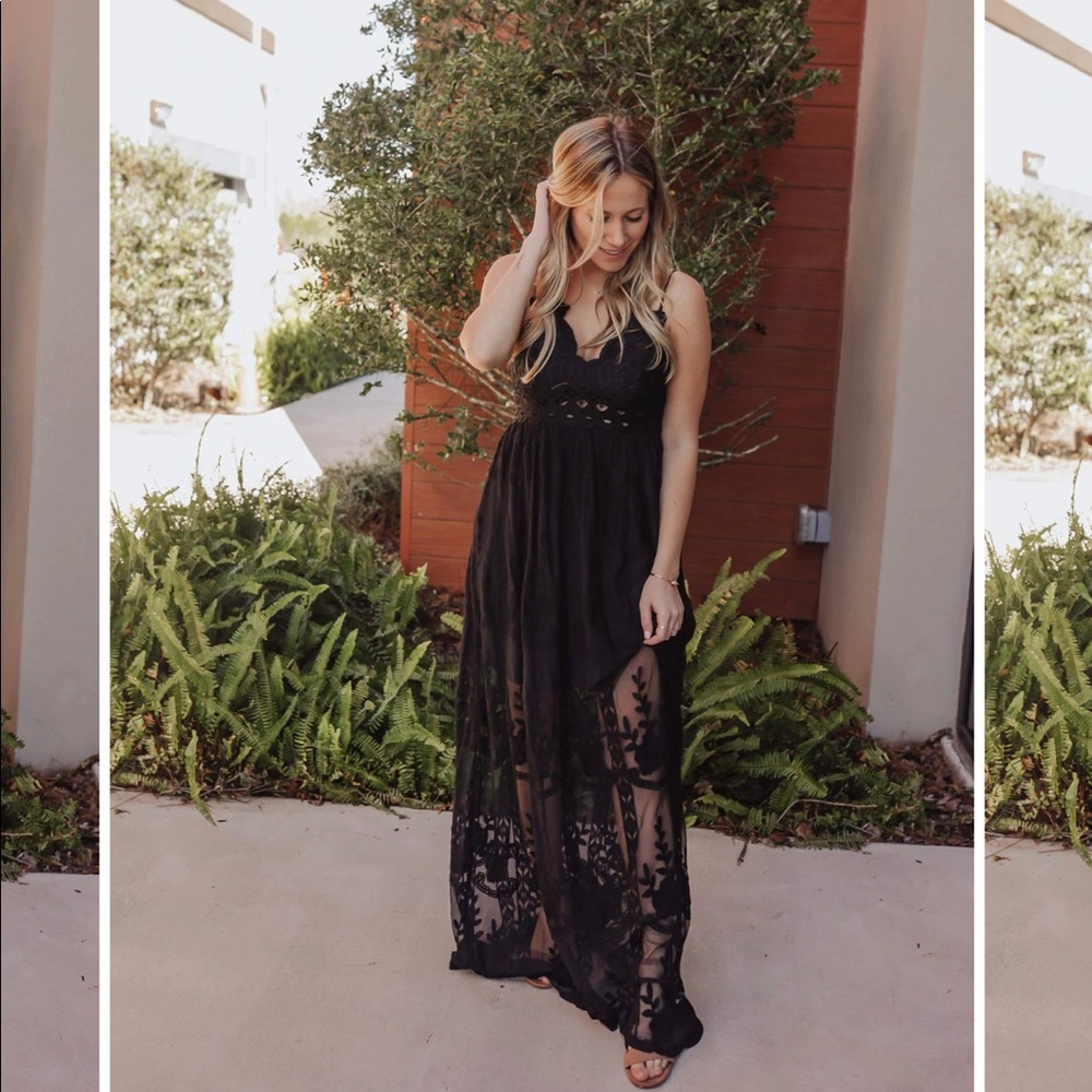 Long black lace halter tie dress